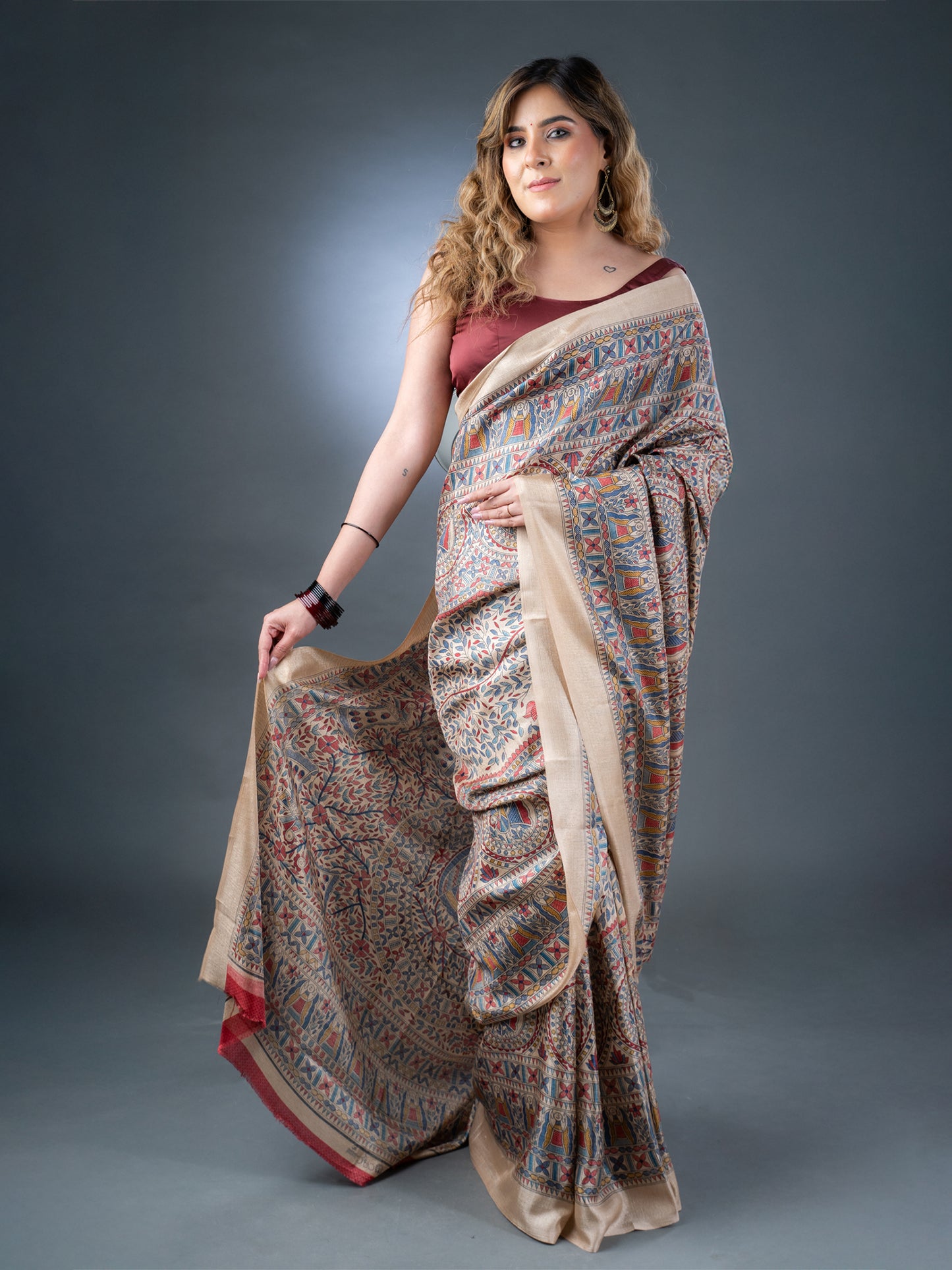 Beige and Red Matka Silk Saree
