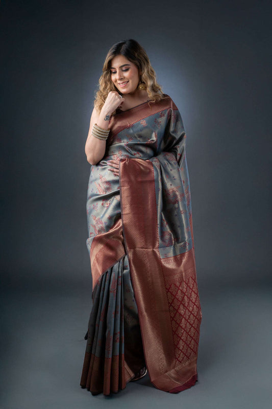 Opulent Grey and Maroon Semi-Silk Saree