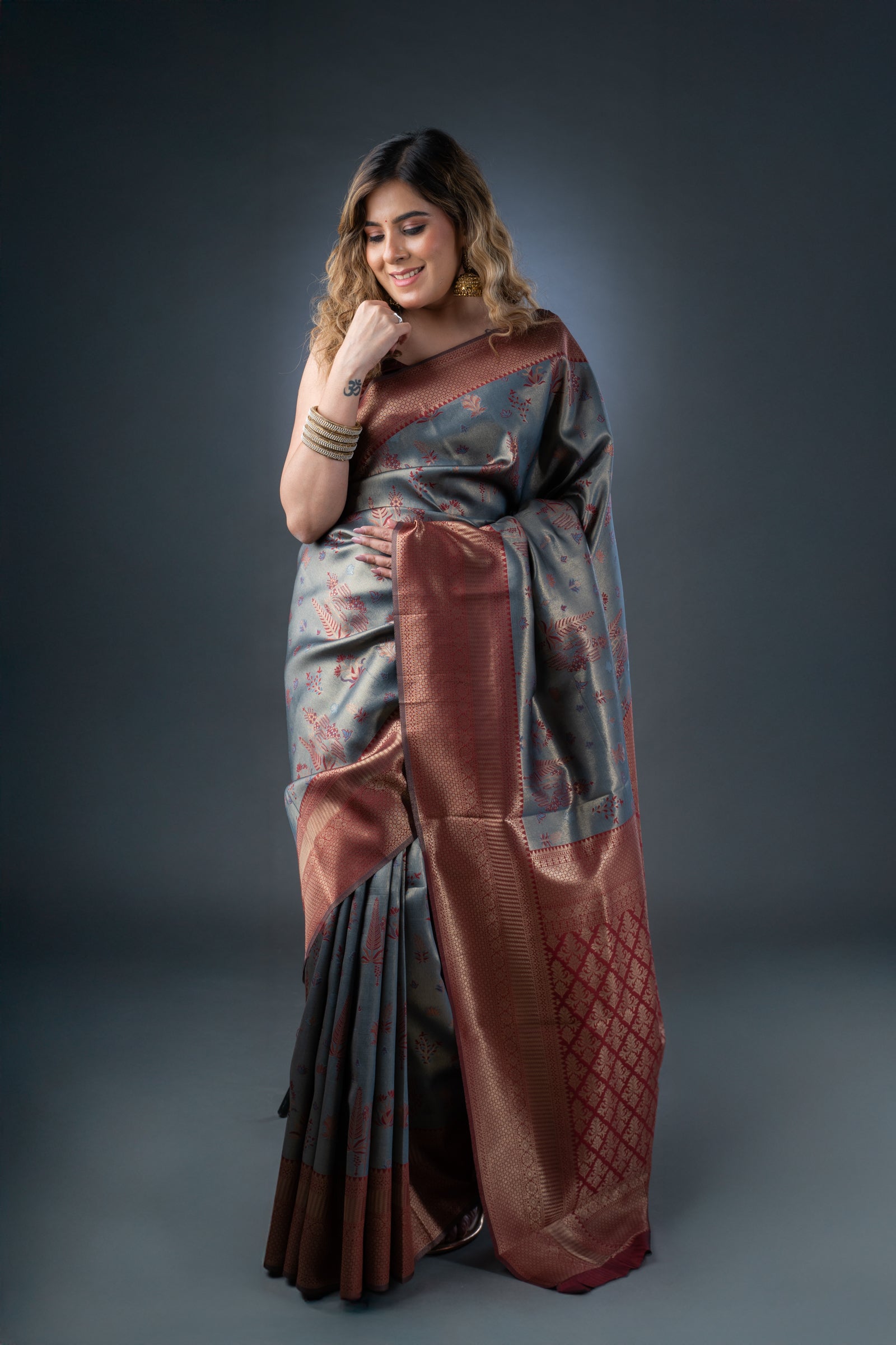 Opulent Grey and Maroon Semi-Silk Saree