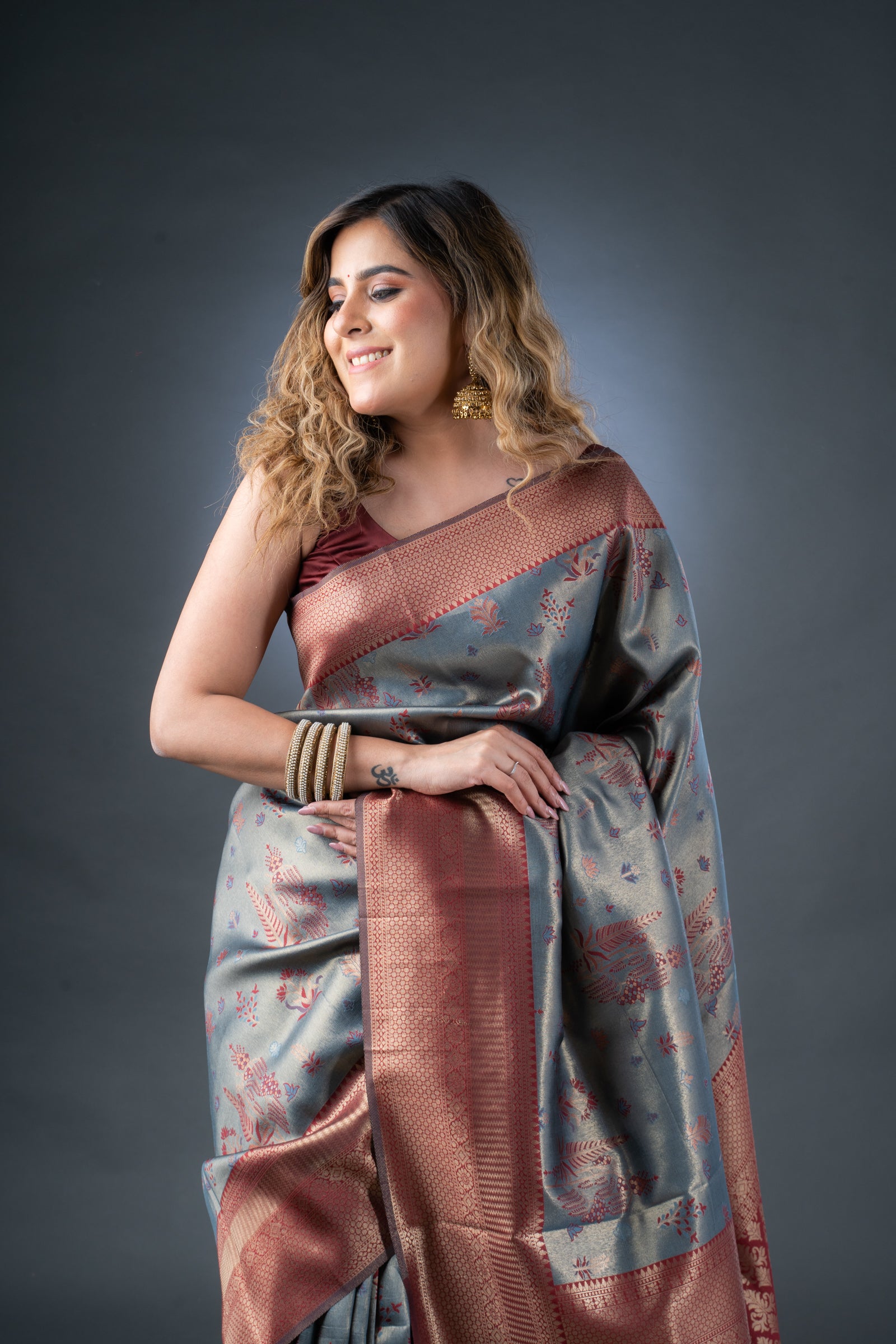 Opulent Grey and Maroon Semi-Silk Saree