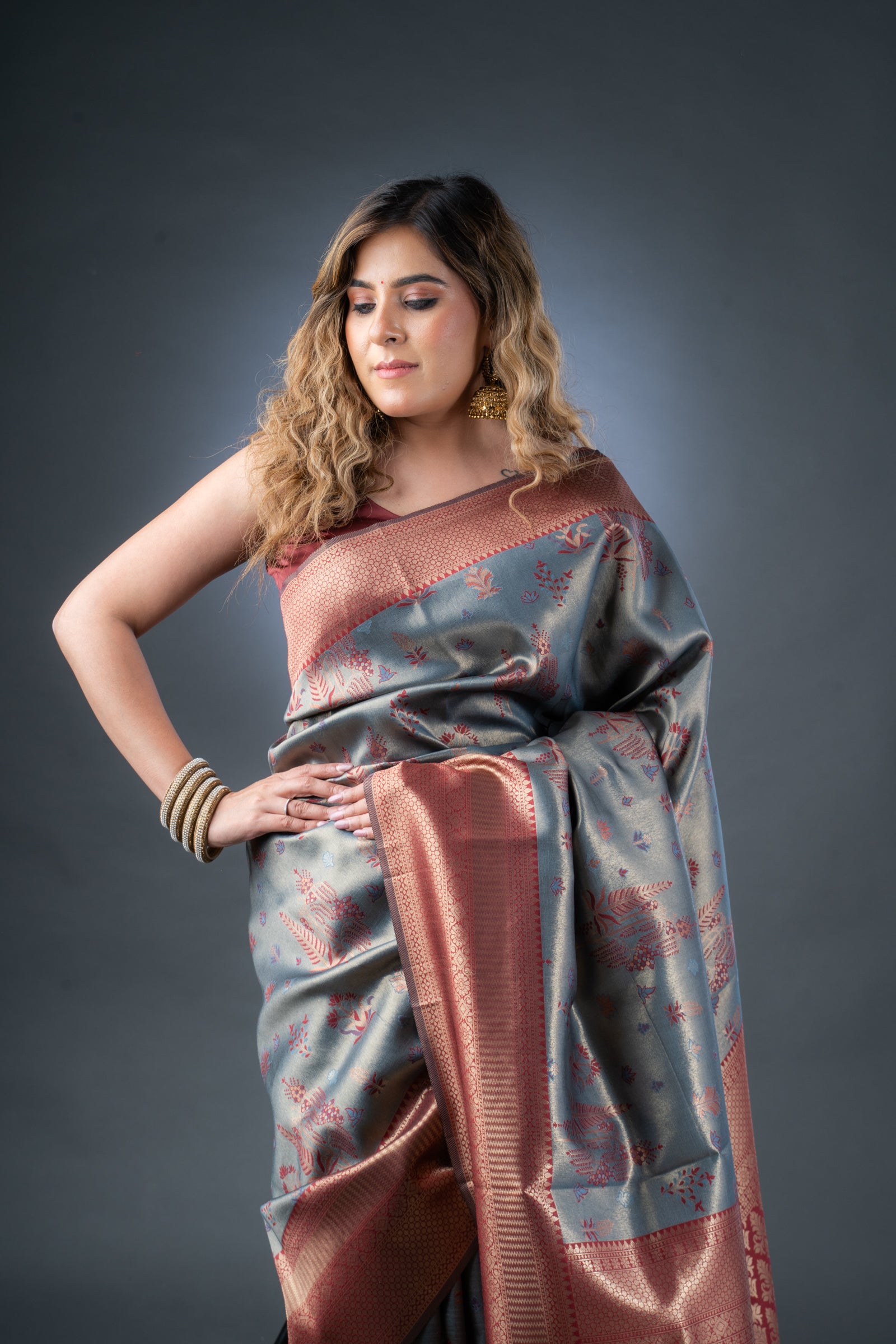 Opulent Grey and Maroon Semi-Silk Saree