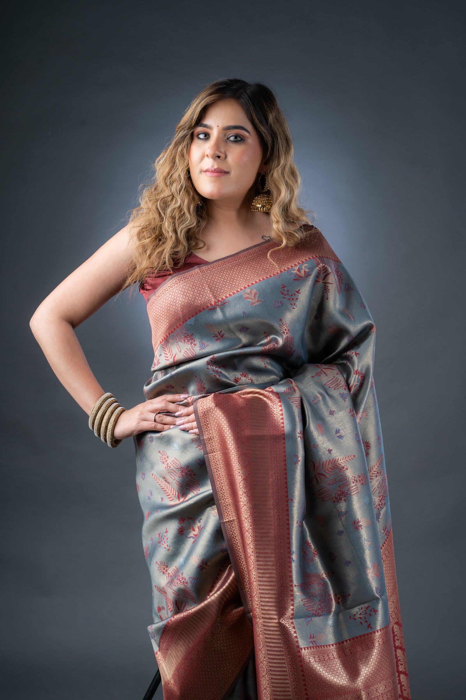 Opulent Grey and Maroon Semi-Silk Saree