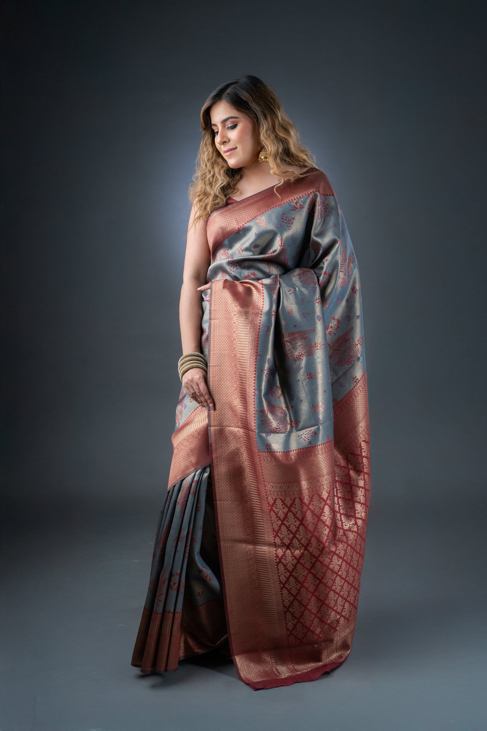 Opulent Grey and Maroon Semi-Silk Saree