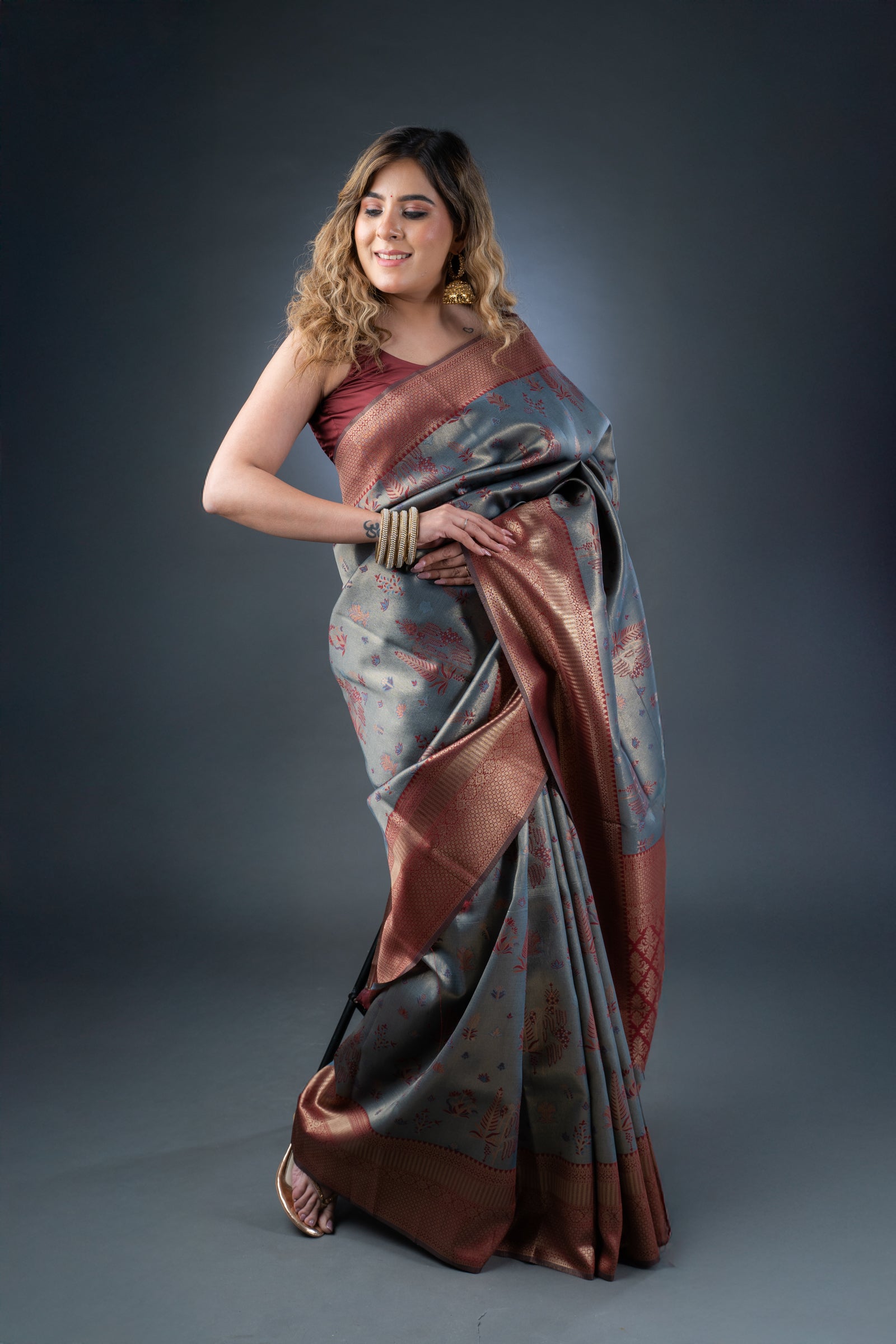 Opulent Grey and Maroon Semi-Silk Saree