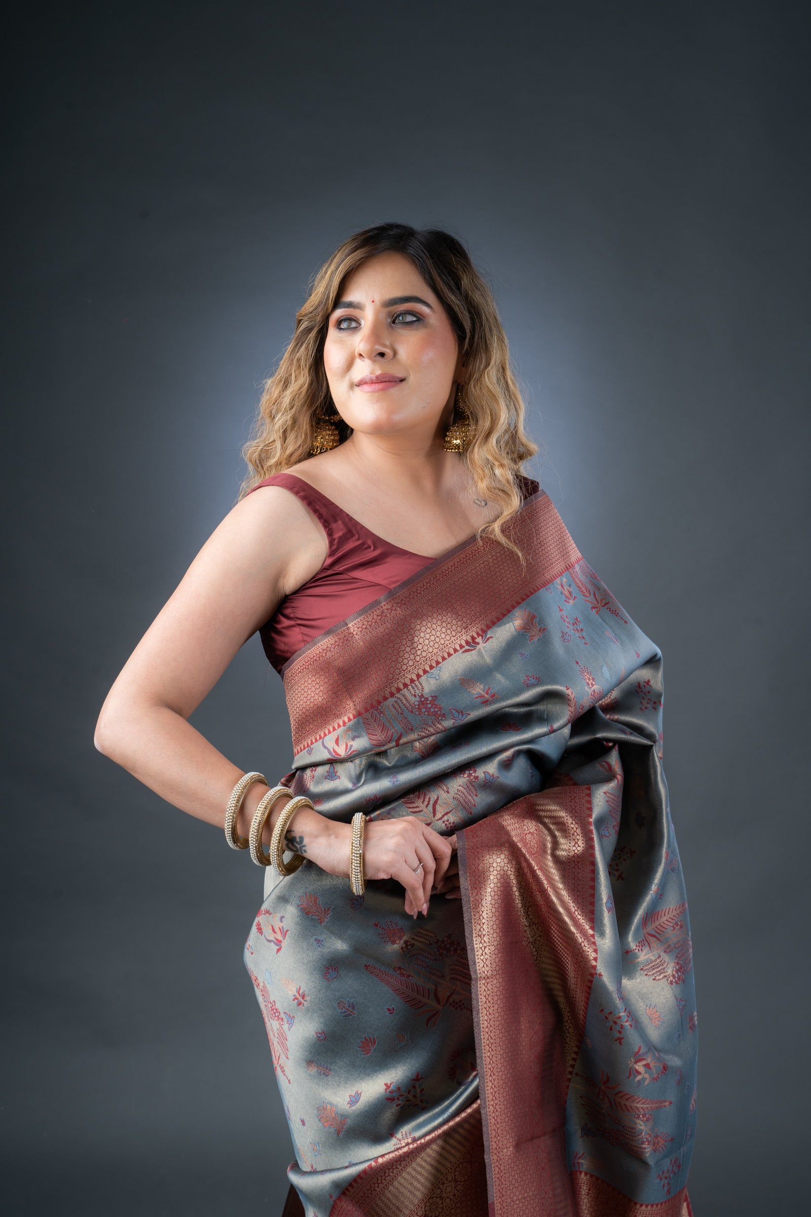 Opulent Grey and Maroon Semi-Silk Saree