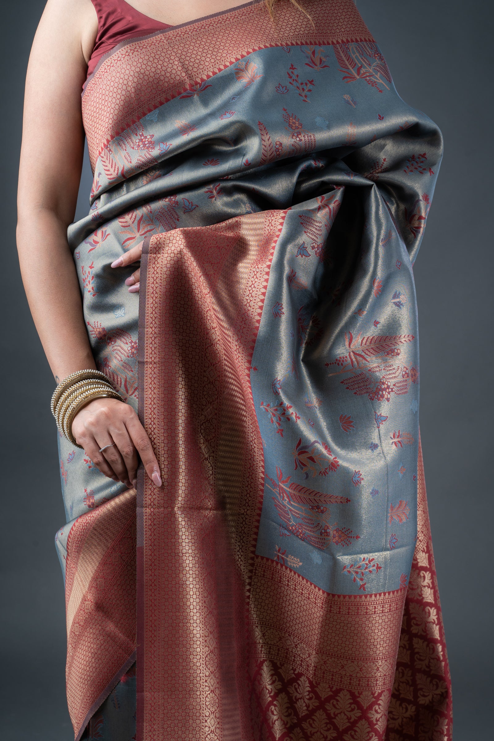 Opulent Grey and Maroon Semi-Silk Saree