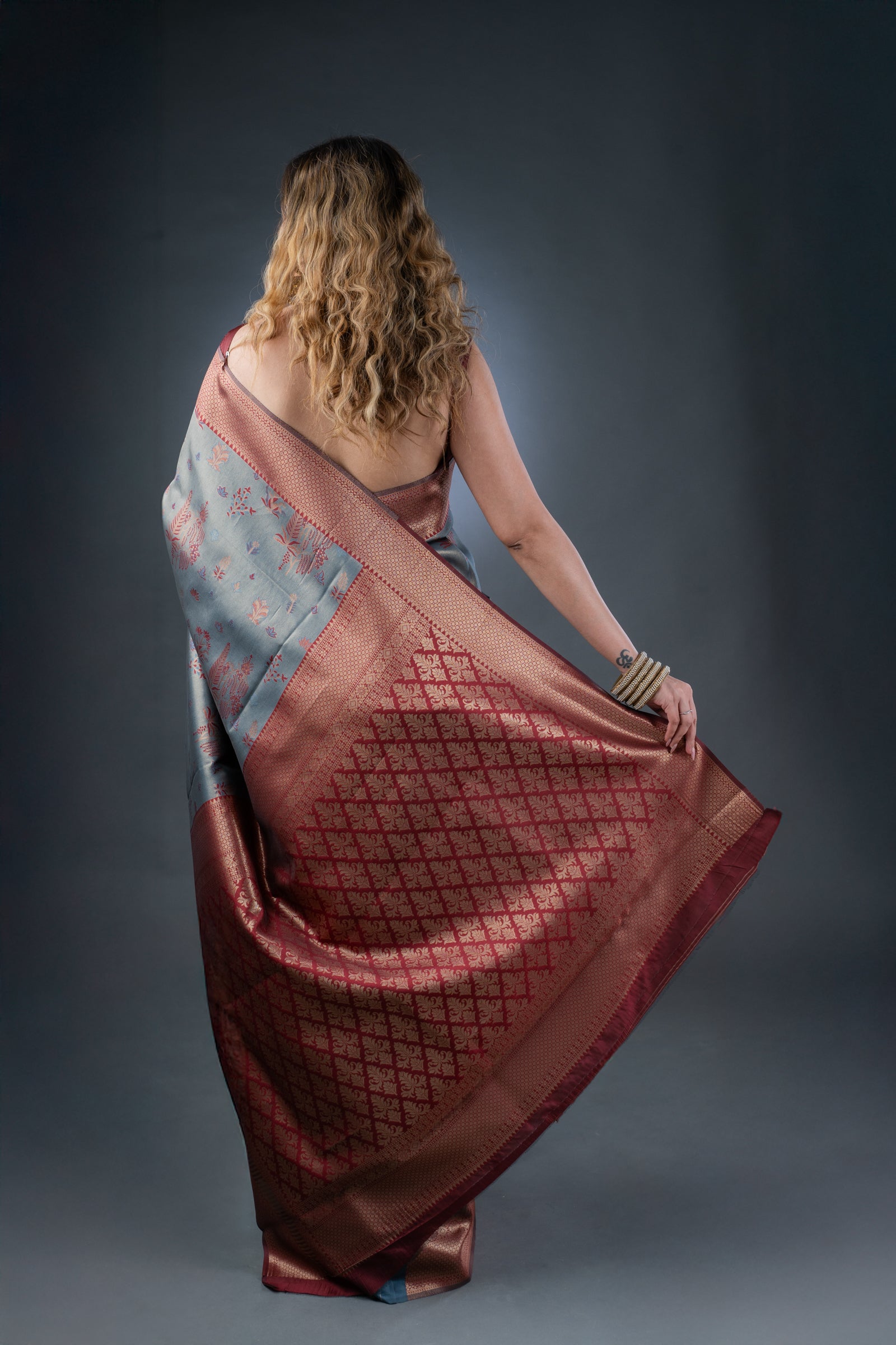 Opulent Grey and Maroon Semi-Silk Saree