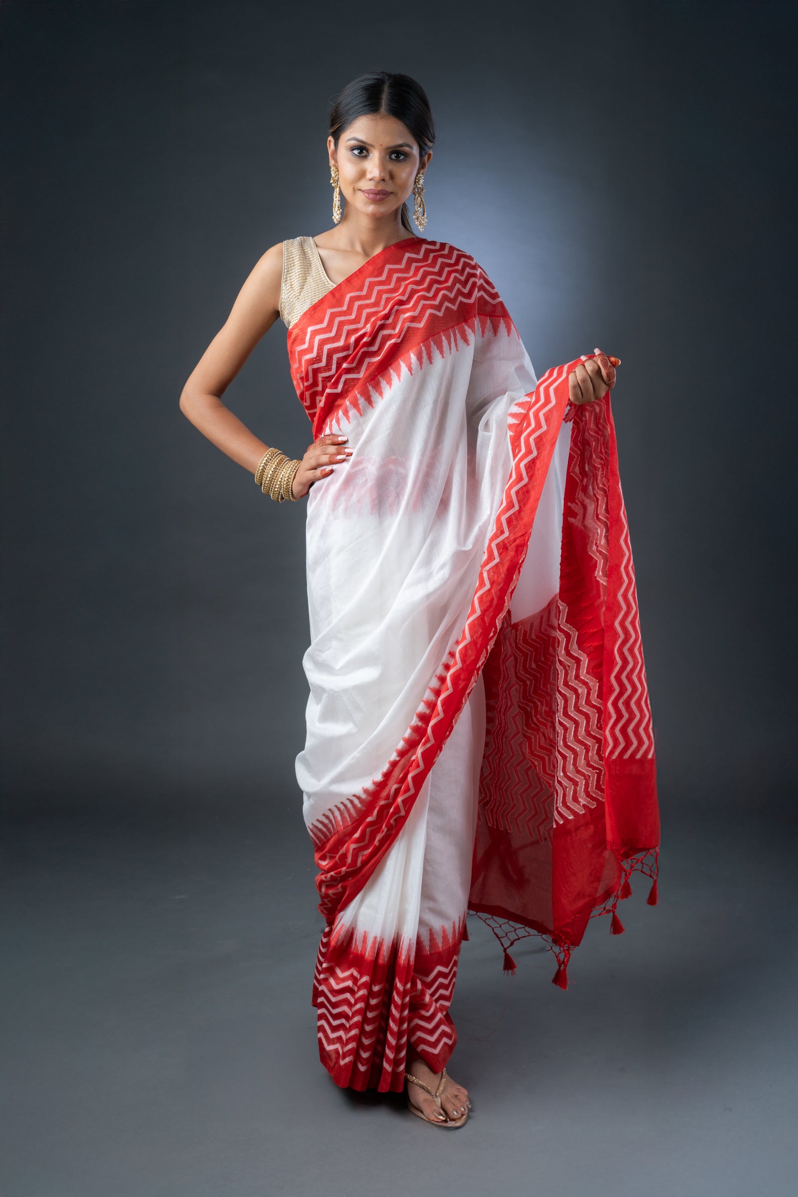 Bright Elegance White and Red Chanderi Cotton Saree