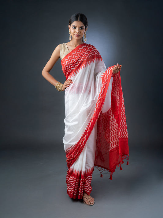White and Red Chanderi Cotton Saree