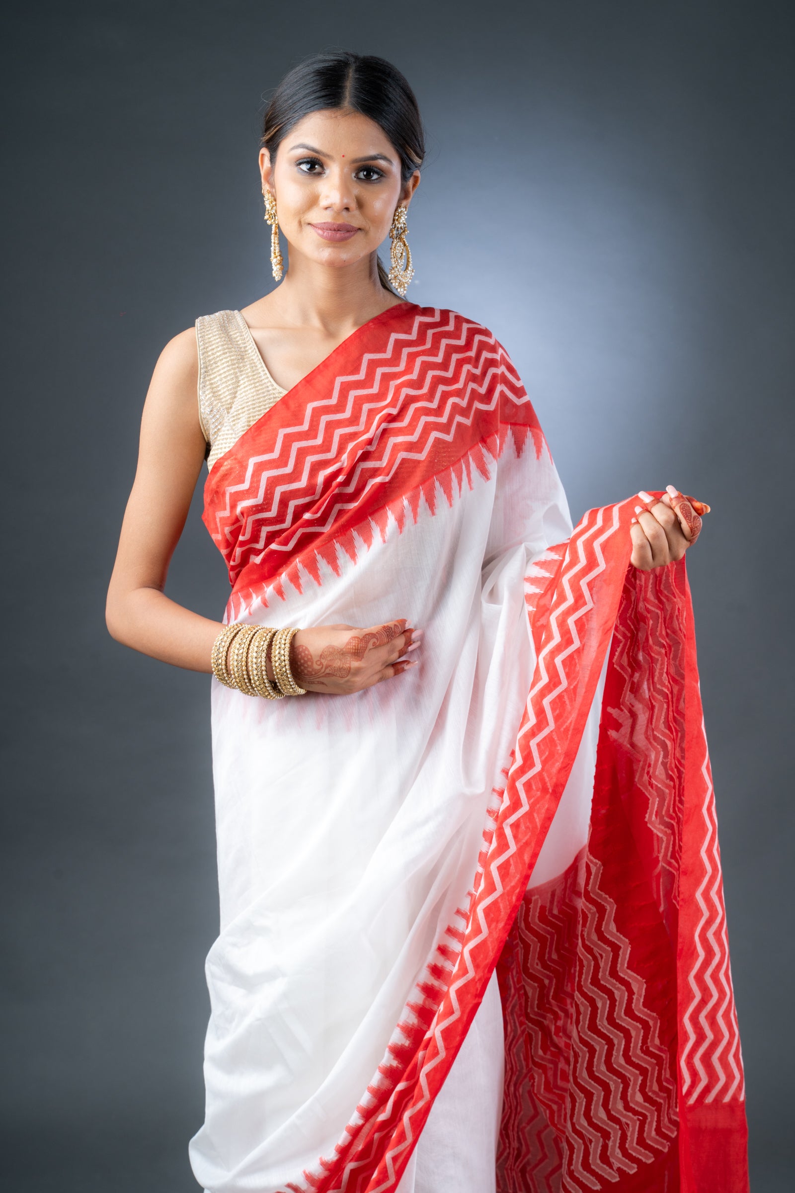 Bright Elegance White and Red Chanderi Cotton Saree