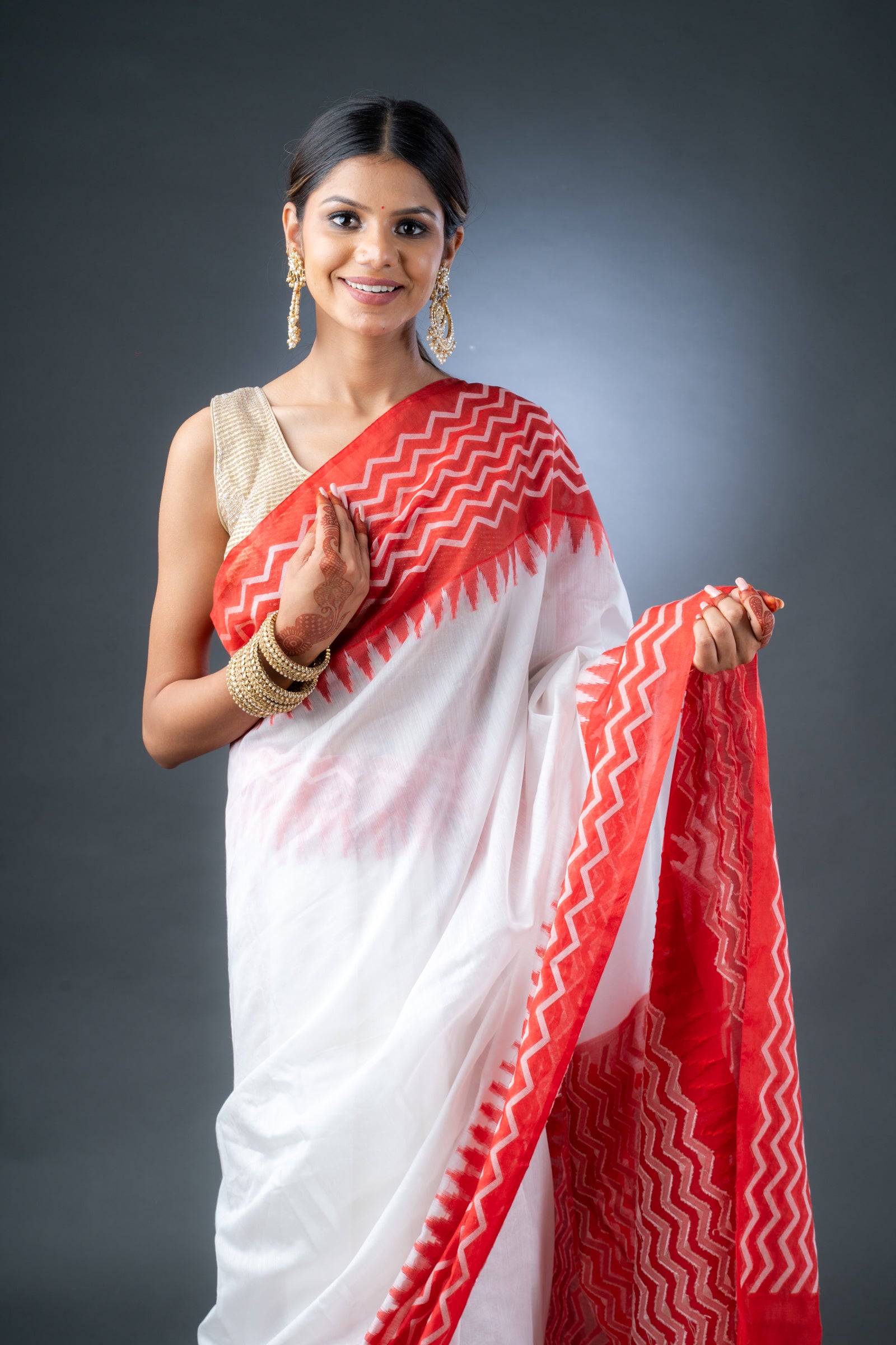 Bright Elegance White and Red Chanderi Cotton Saree