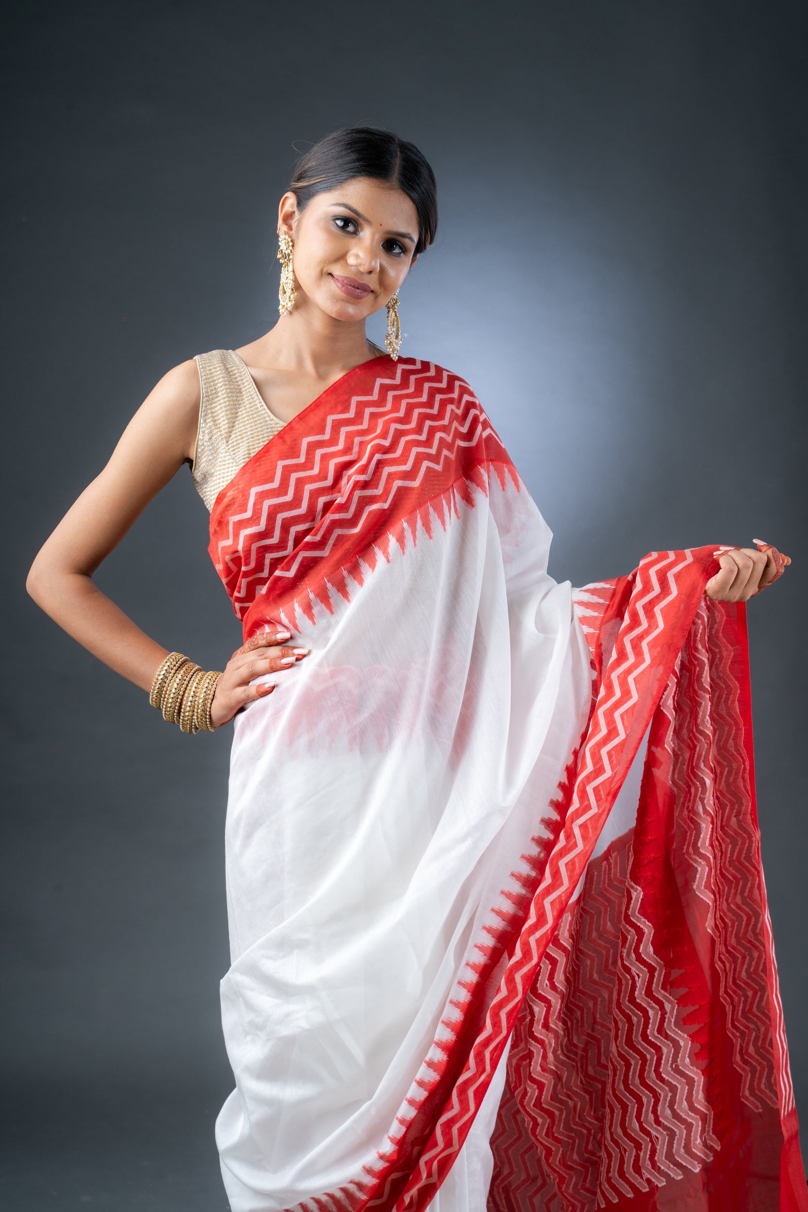 Bright Elegance White and Red Chanderi Cotton Saree