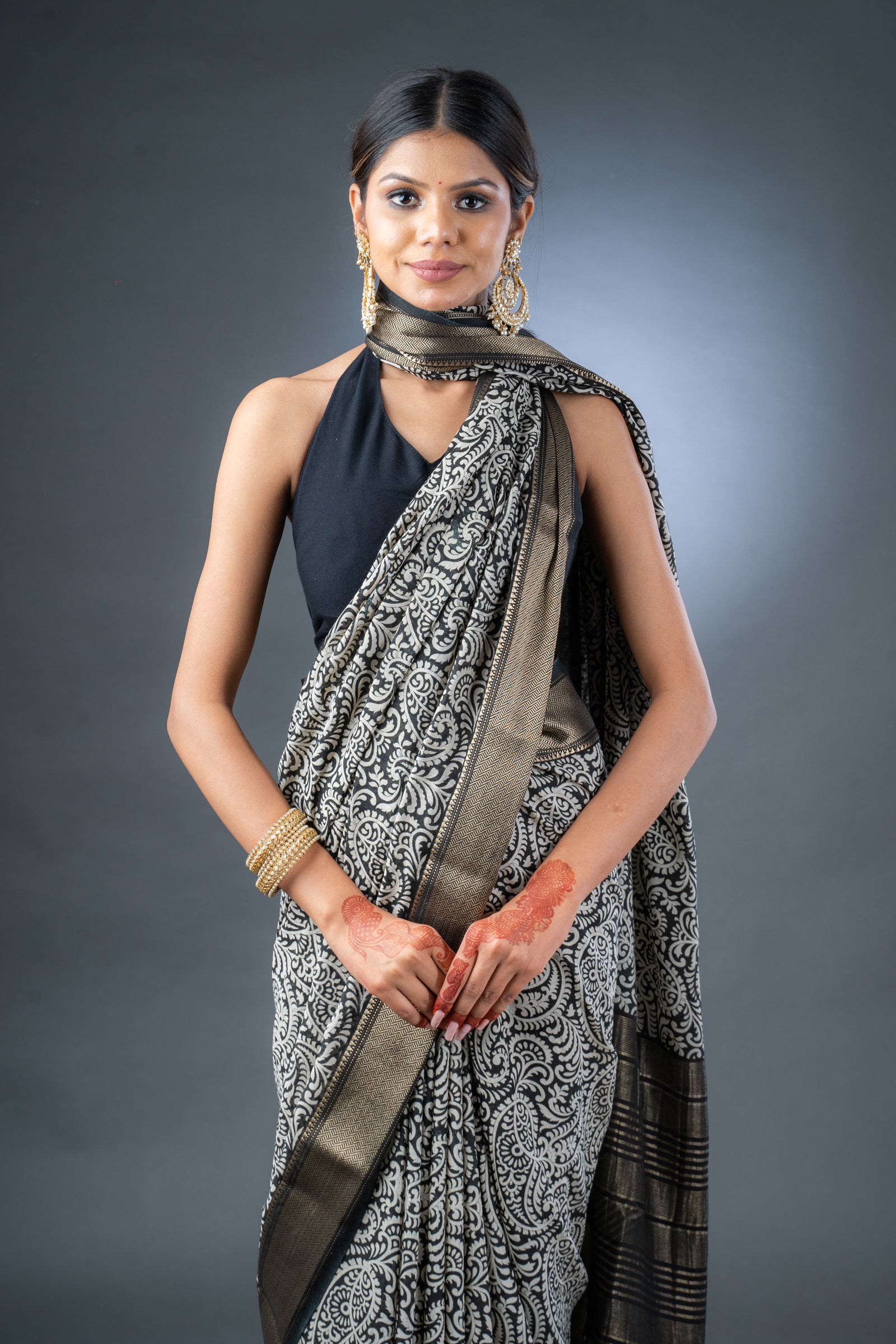 Elegant Black Block Print Assam Silk Saree