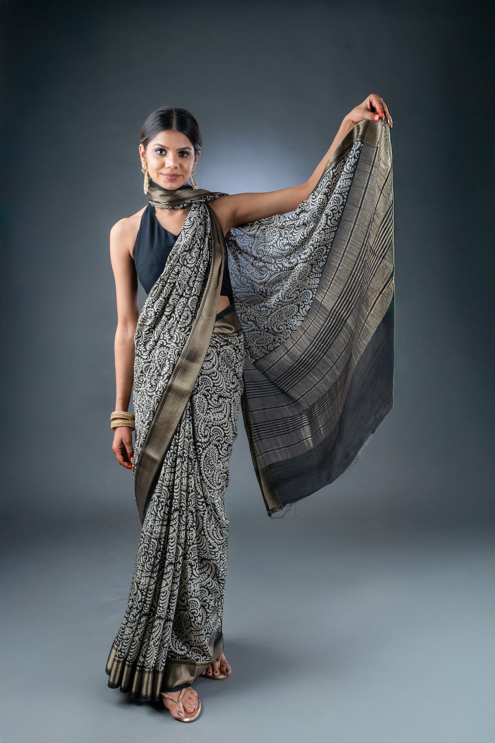 Elegant Black Block Print Assam Silk Saree