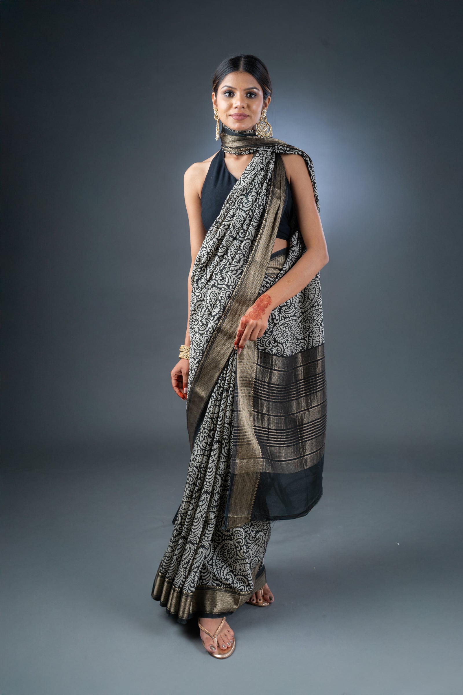 Elegant Black Block Print Assam Silk Saree