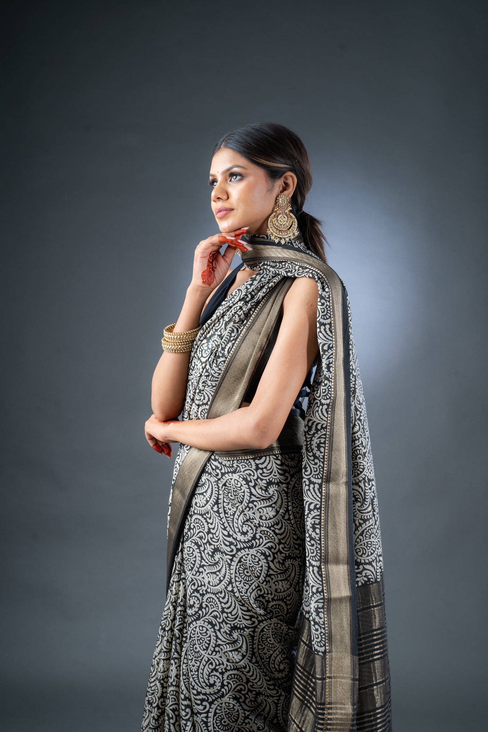 Elegant Black Block Print Assam Silk Saree