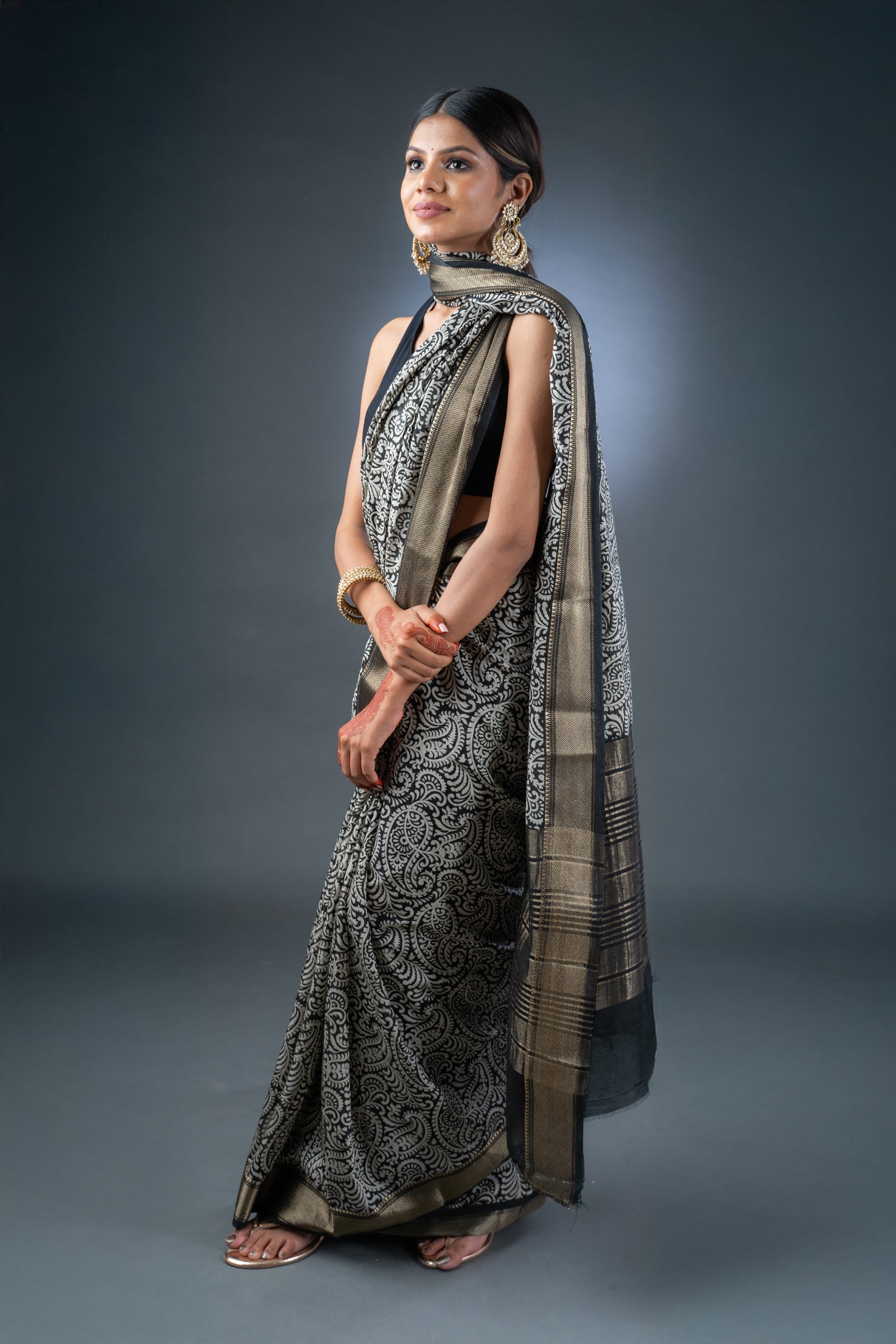 Elegant Black Block Print Assam Silk Saree