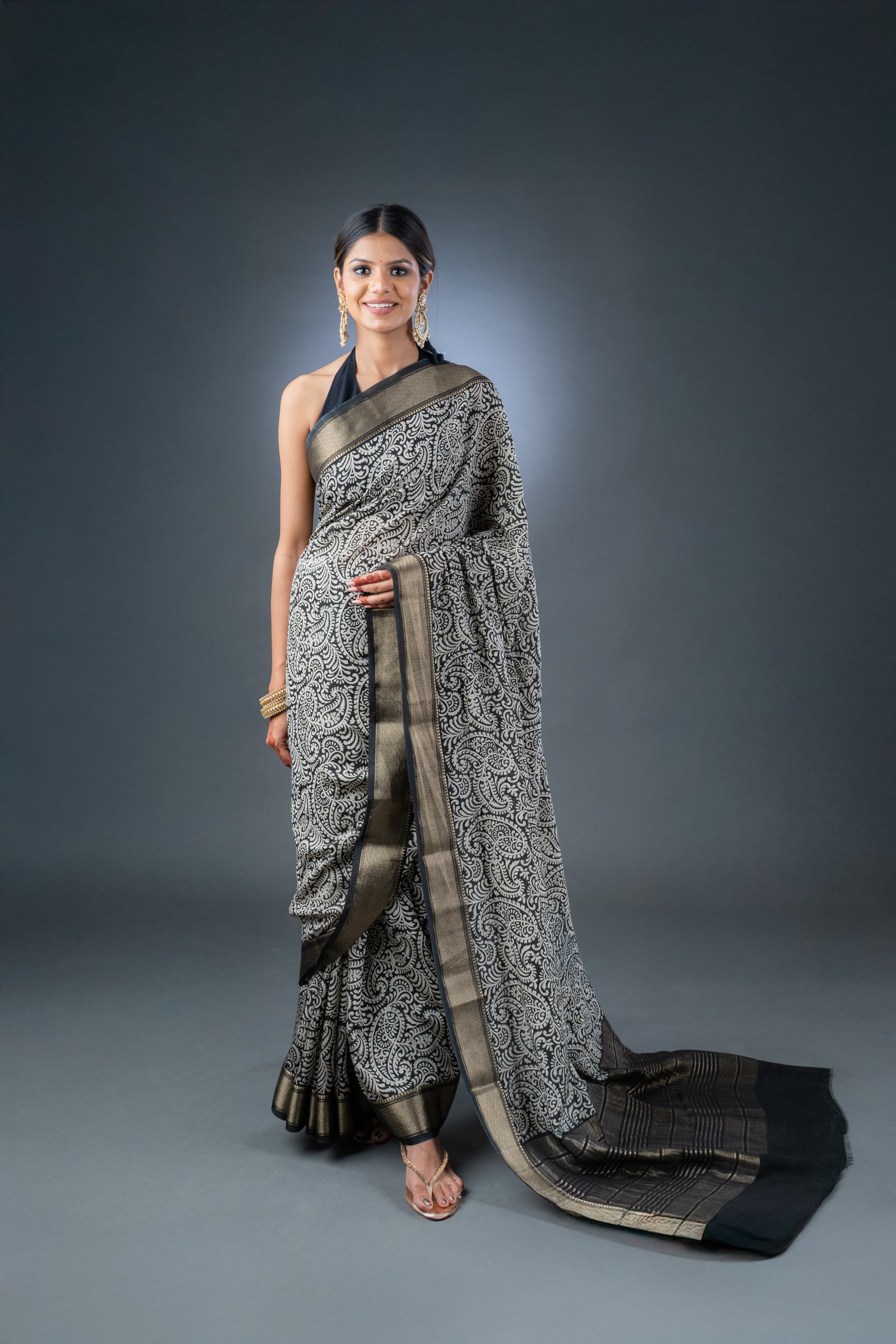 Elegant Black Block Print Assam Silk Saree