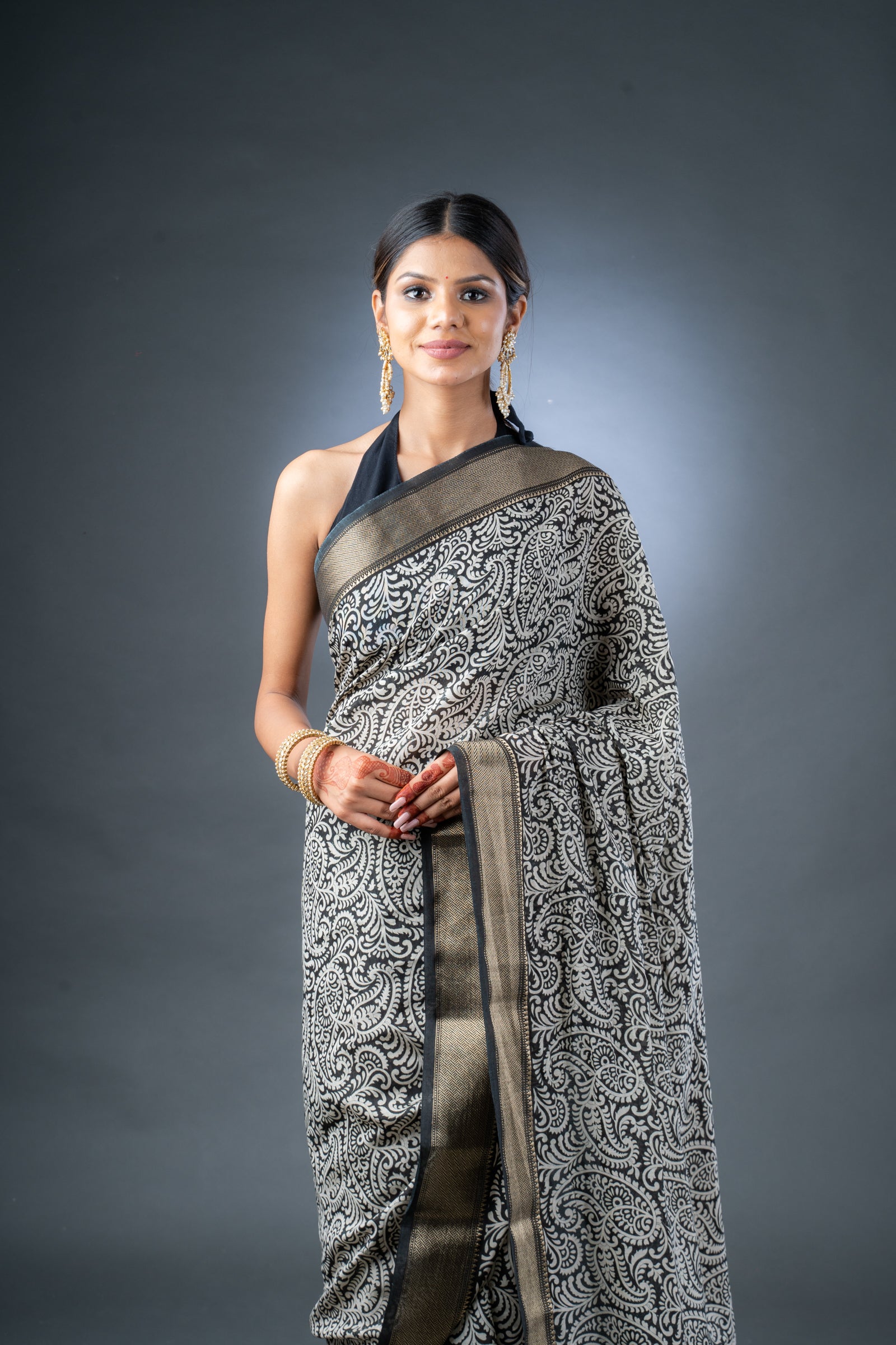 Elegant Black Block Print Assam Silk Saree