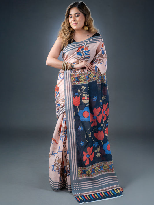 Peach Linen Cotton Printed Saree