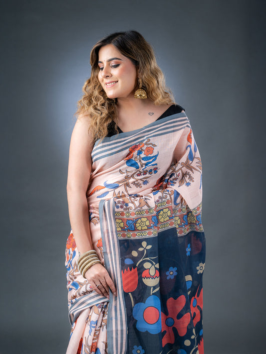 Peach Linen Cotton Printed Saree