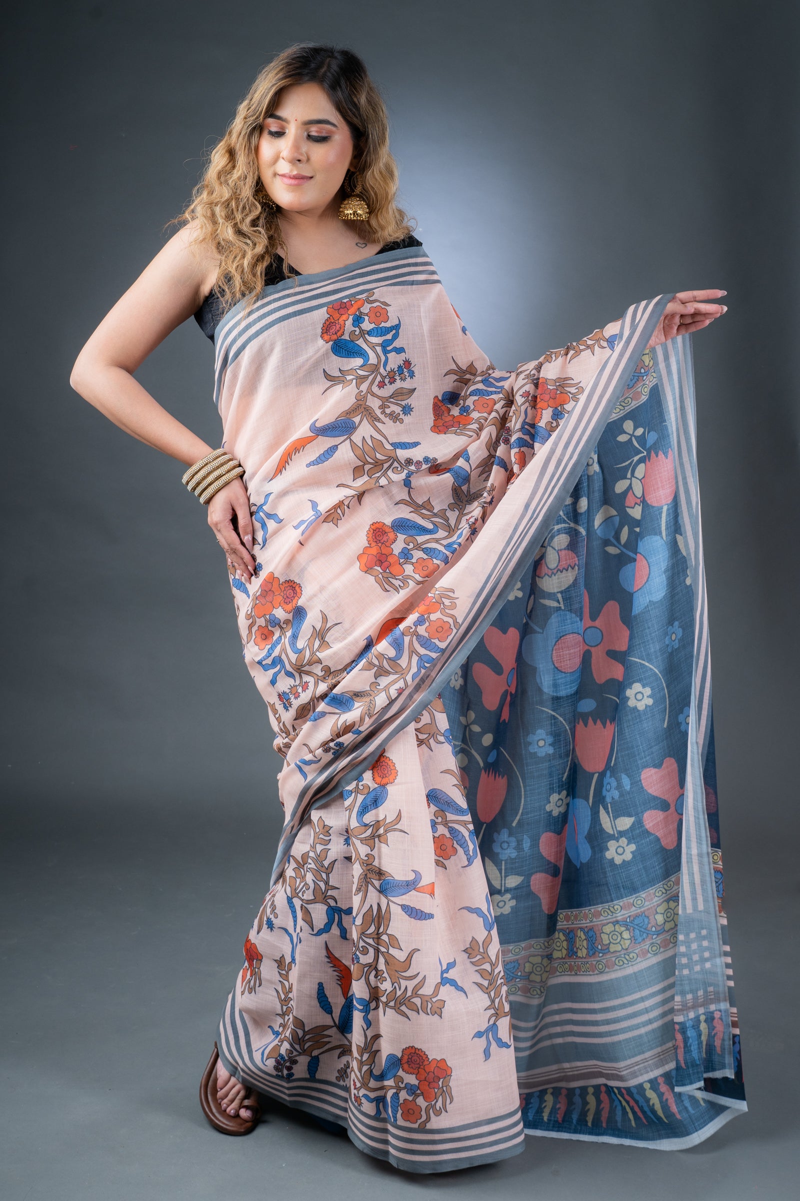 Peach Bliss Linen Cotton Printed Saree