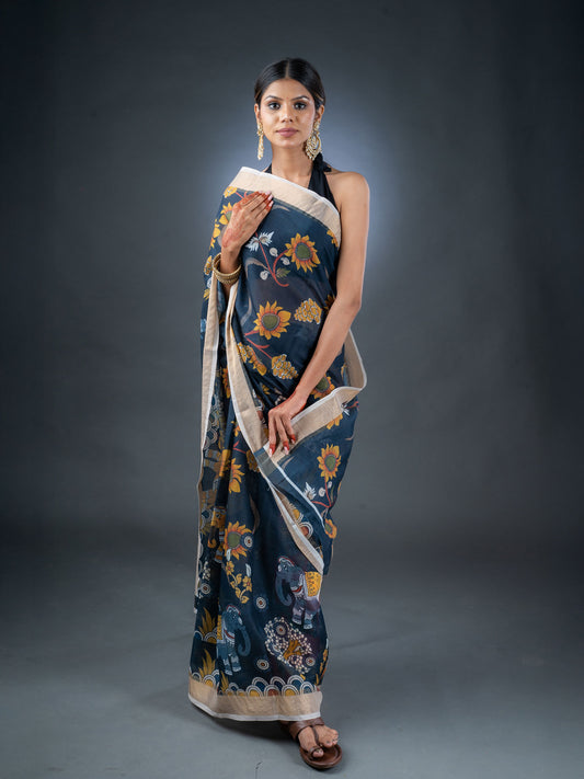 Black Linen Cotton Floral Printed Saree