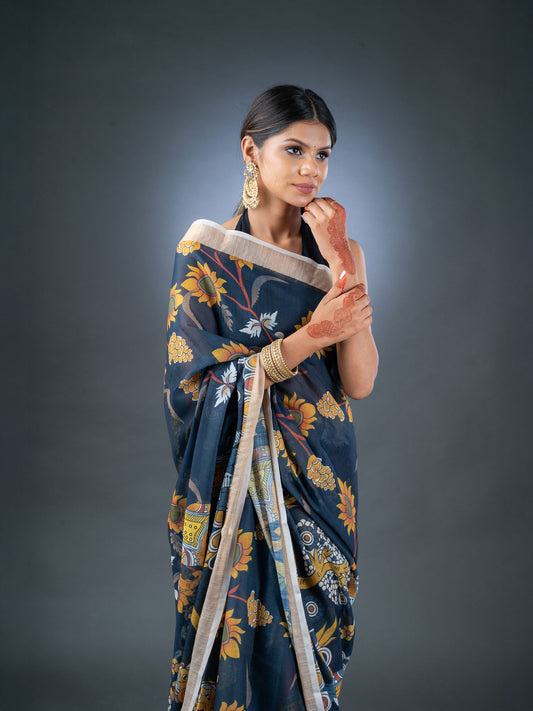 Black Linen Cotton Floral Printed Saree