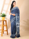 Indigo Bloom - Handblock Linen Cotton Saree